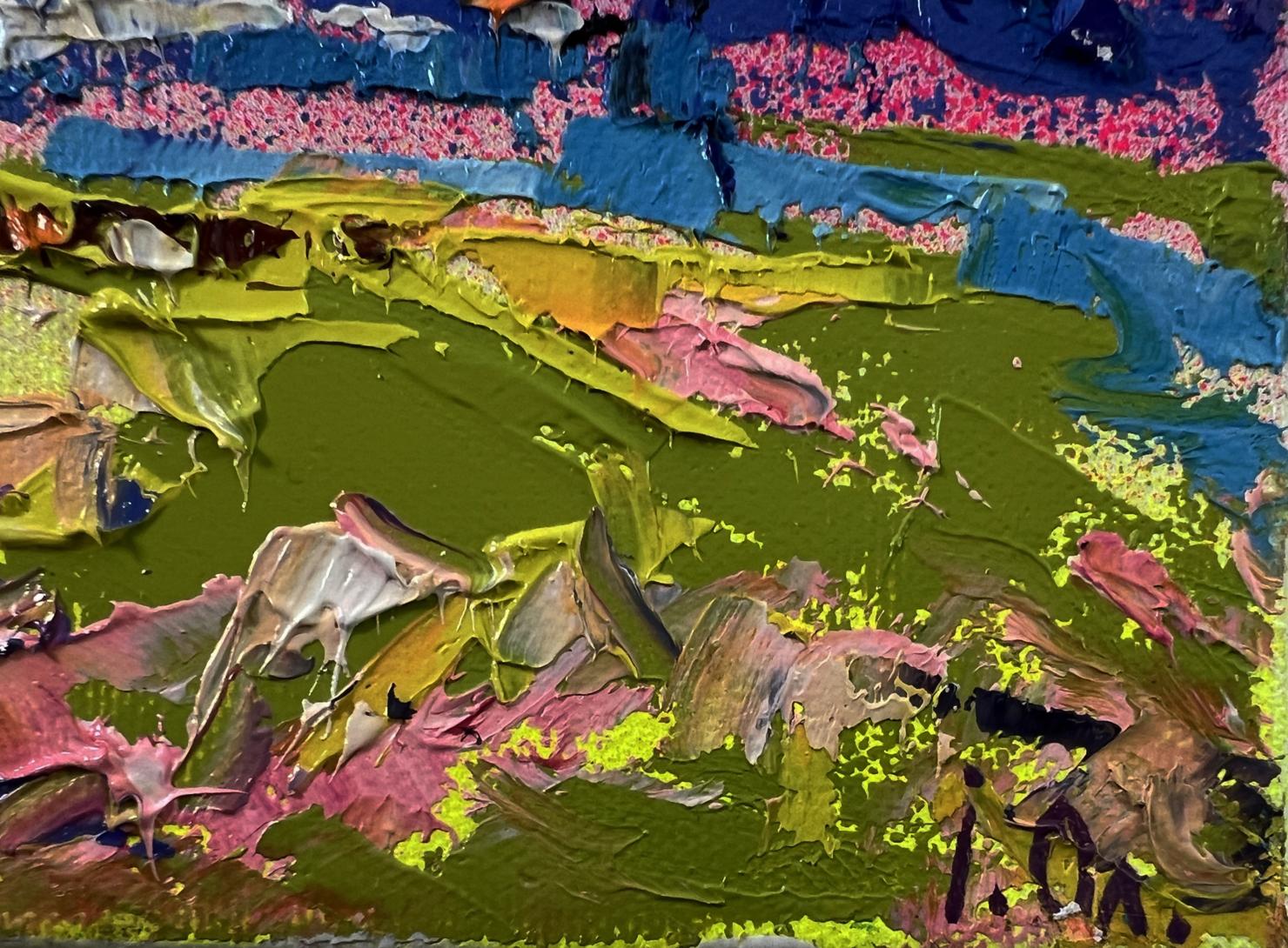 Vibrant oil painting Blue nature night by Oleksiy Ivanyuk with textured green pink blue yellow layers