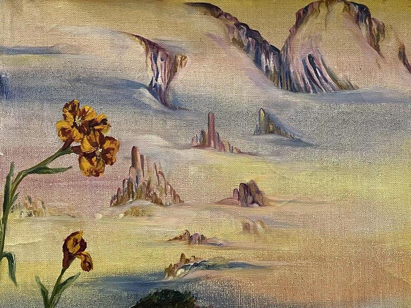 Oil painting by Valentina Polyanitsyna: yellow flower in painted desert landscape