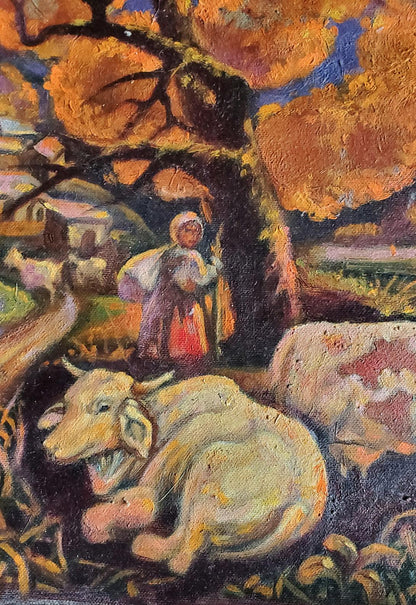 Oil painting Autumn flock by Daniil Litvinov: reclining ox under orange trees