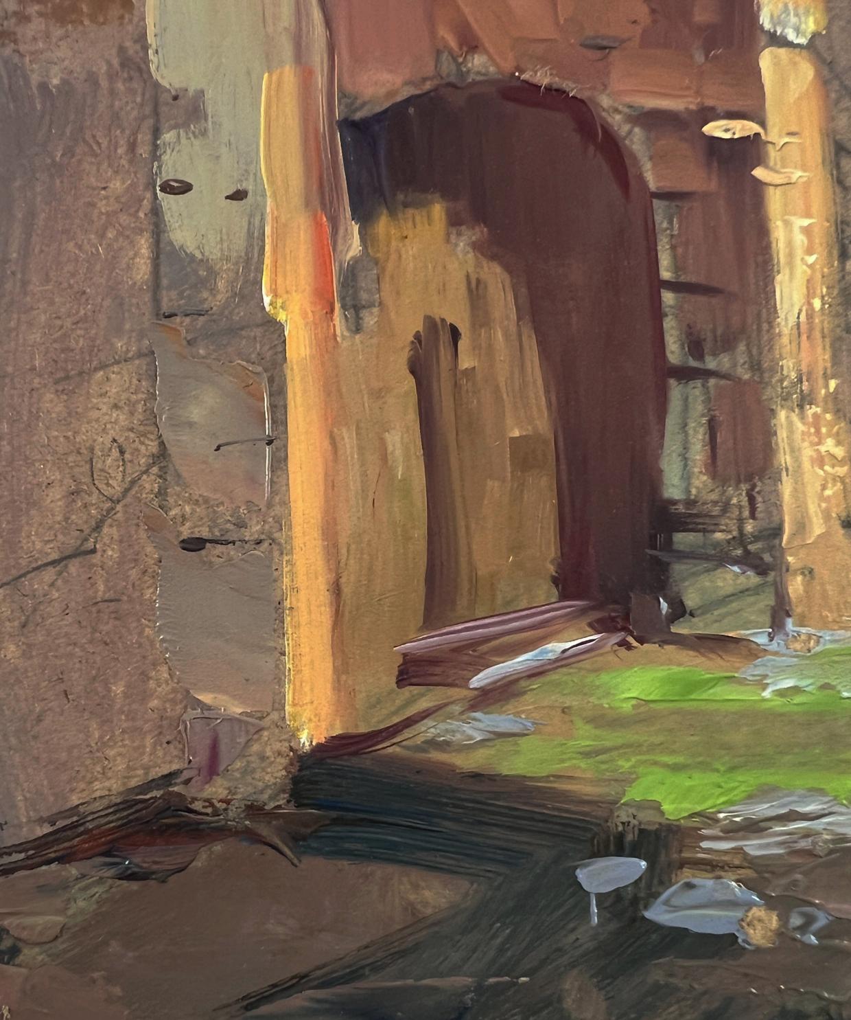 Oil painting of sunlit stone archway in ancient castle by Yuriy Suprunchuk