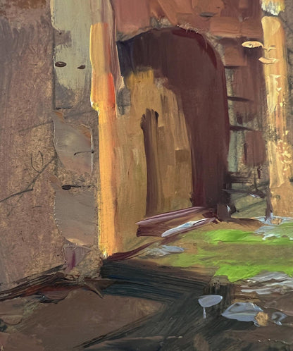 Oil painting of sunlit stone archway in ancient castle by Yuriy Suprunchuk