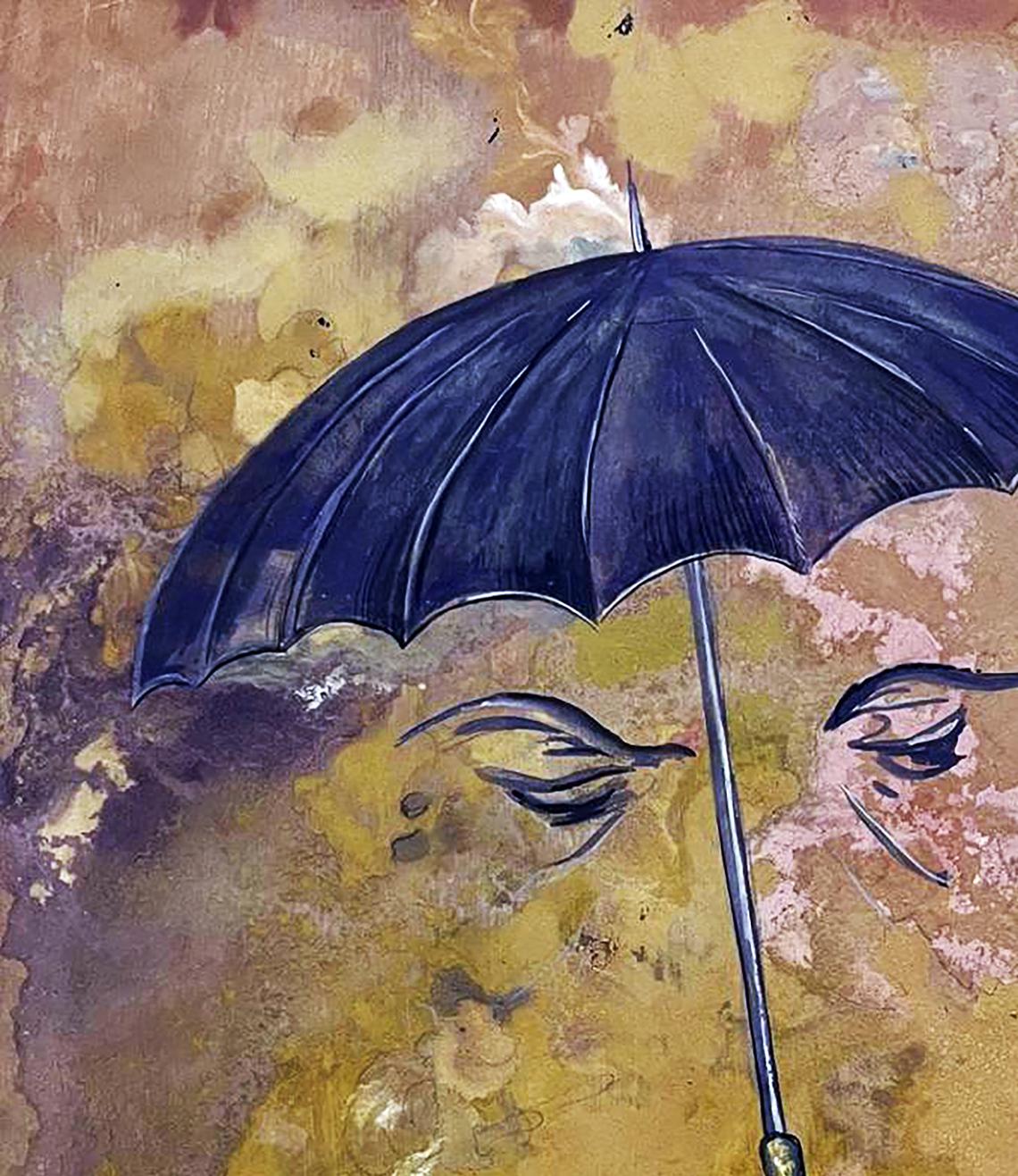 Dark blue glossy umbrella in Dmytro Startsev watercolor The vacation is over