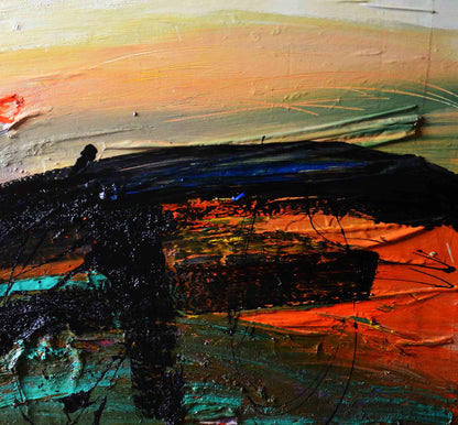 Oil painting Mountain Meadow by Natalia Korf-Ivaniuk, abstract orange black teal strokes