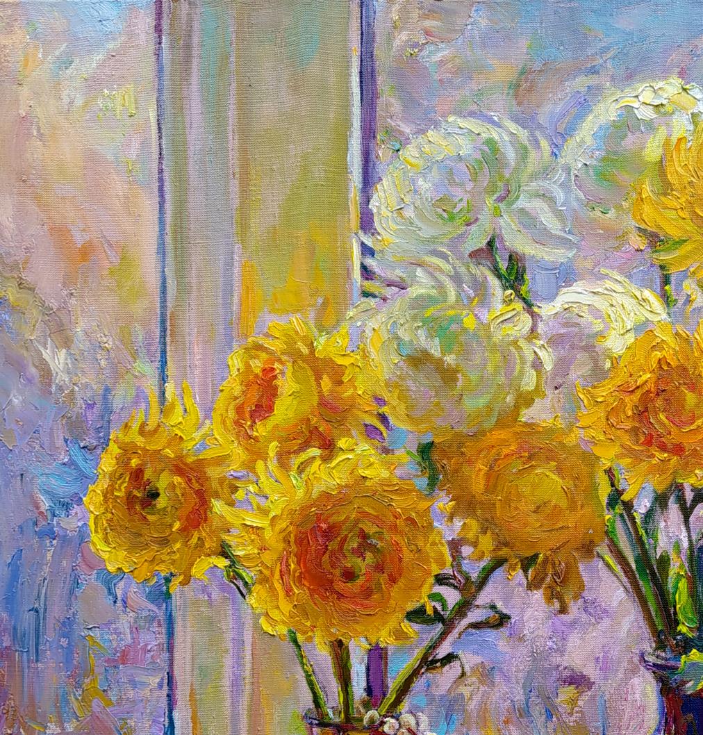 Vibrant yellow and white peonies oil painting Sunny autumn by Leonid Pavlenko