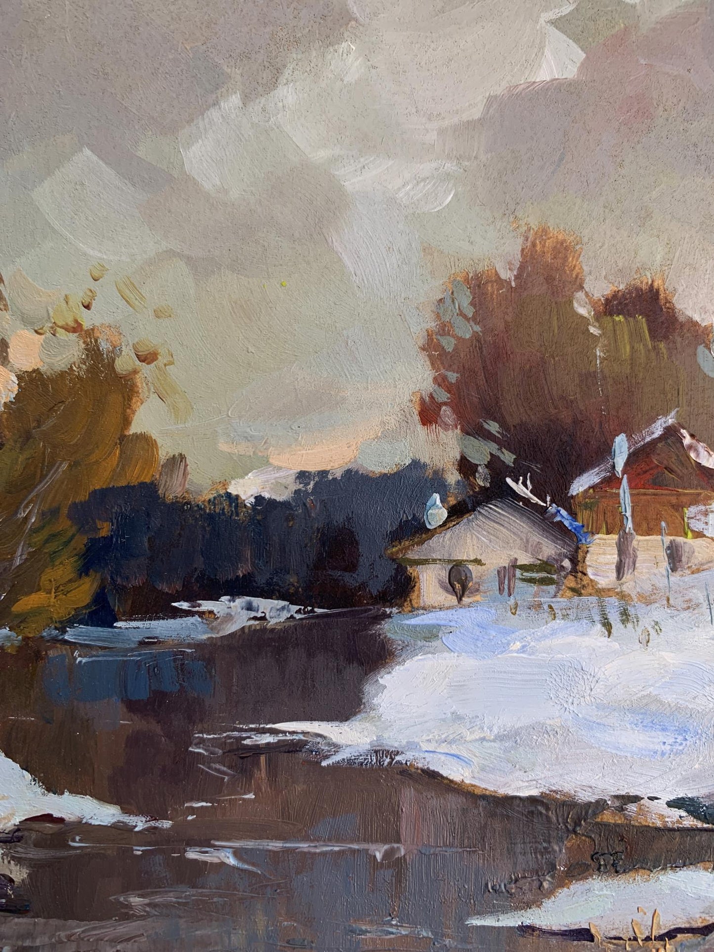 Oil painting of rustic wooden house in snowy landscape by Yuriy Suprunchuk