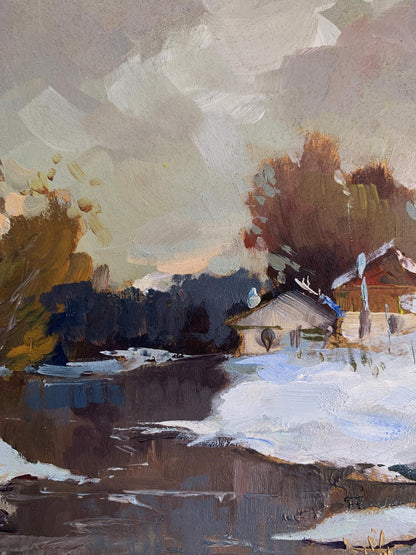 Oil painting of rustic wooden house in snowy landscape by Yuriy Suprunchuk