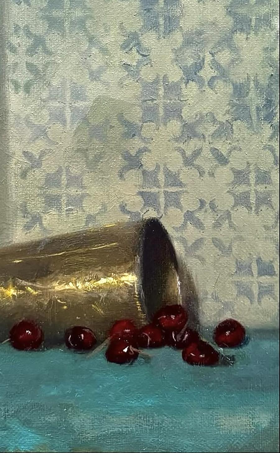 Oil painting of golden copper cup with spilling red cherries by Annam Butt