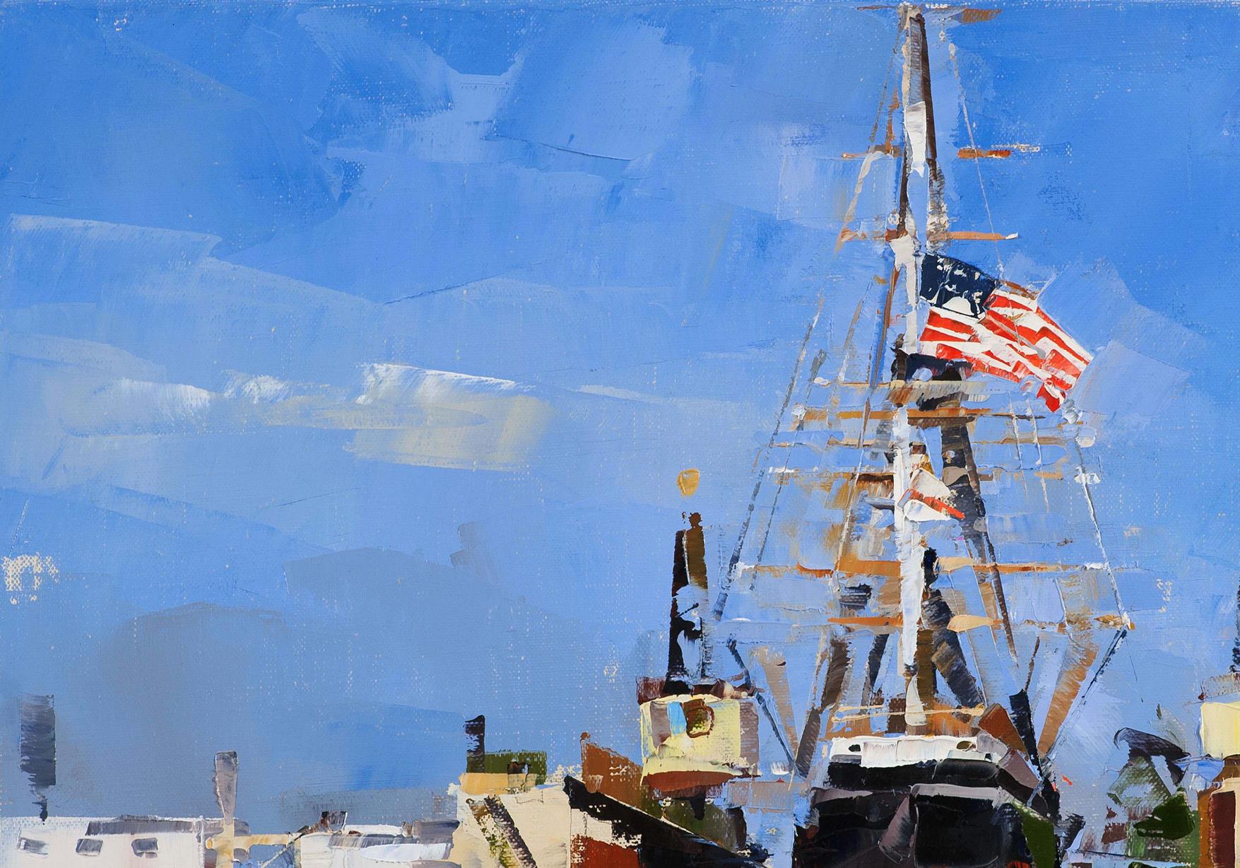 Oil painting of Star of India sailboat mast with American flag by Volodymyr Gluhomanyuk