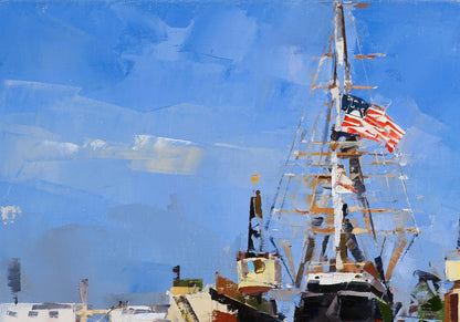 Oil painting of Star of India sailboat mast with American flag by Volodymyr Gluhomanyuk
