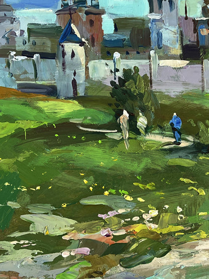 Oil painting City Monastery by Yuriy Suprunchuk, vibrant impressionist landscape