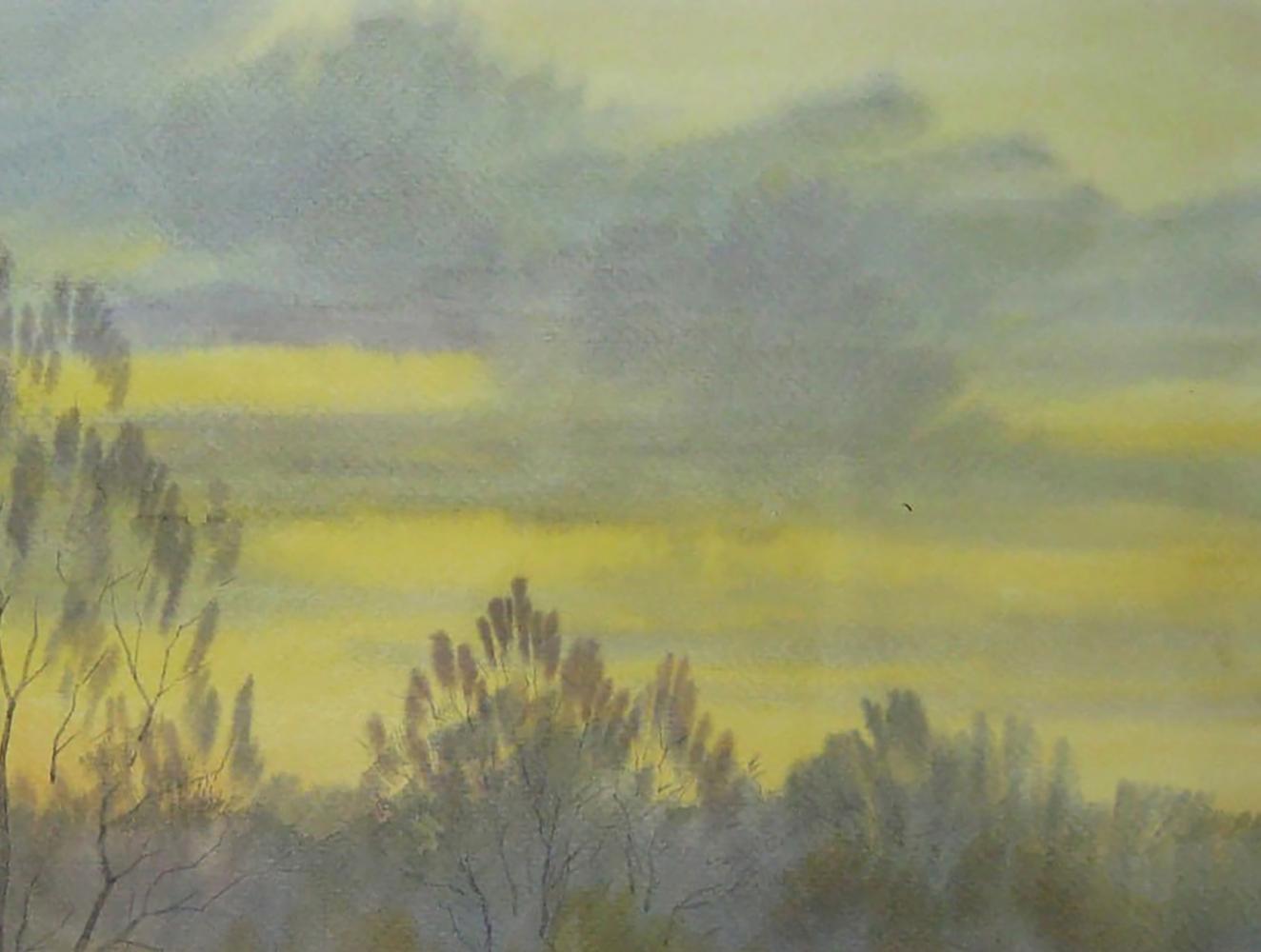 Watercolor painting of snowy field with serene sunset by Valery Savenets