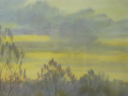 Watercolor painting of snowy field with serene sunset by Valery Savenets