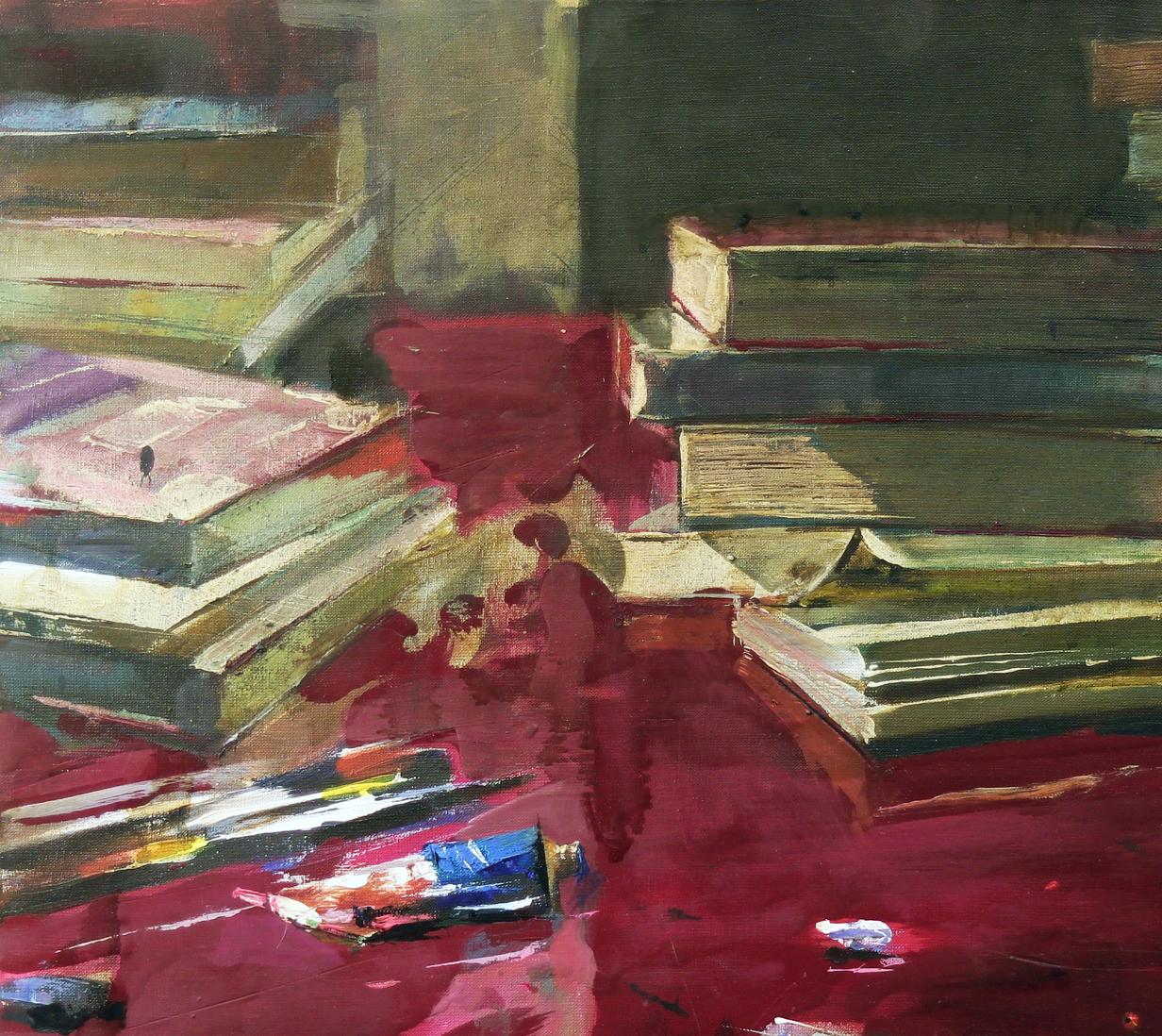 Oil painting by ARTnews Ed Potapenkov: stacks of books in earth tones and reds