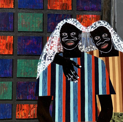 Acrylic painting Under one Blanket by Akintomide Akinshola, two veiled figures
