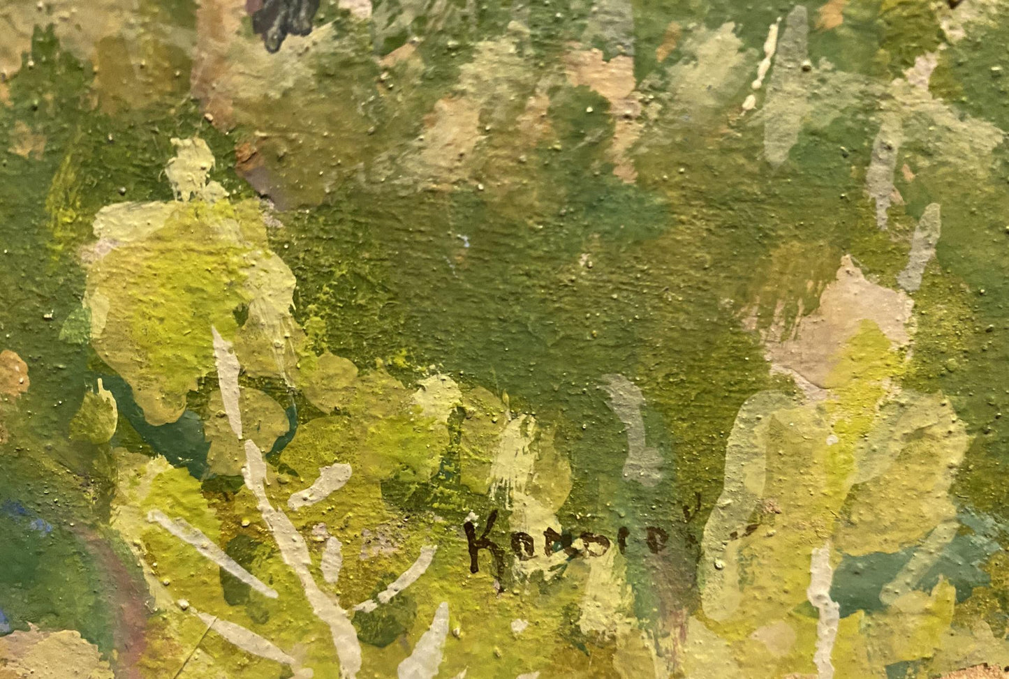 Oil painting Spring came by Georgy Kolosovsky with green yellow abstract strokes