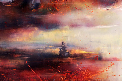 Silhouetted offshore oil rig in turbulent red-orange sky by Alexander Dobrodiy
