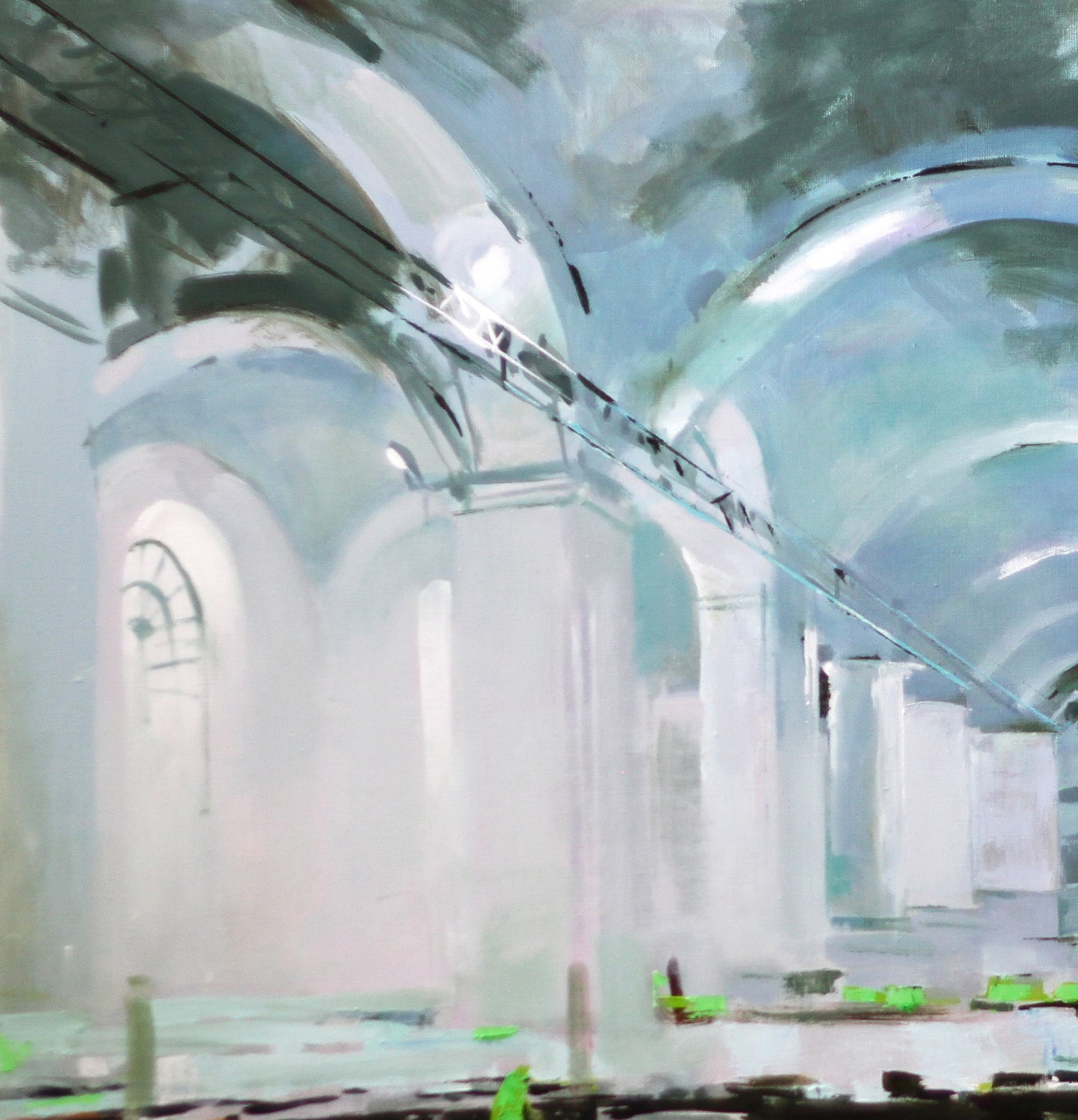 Oil painting by Arsenal Ed Potapenkov of arched interior in soft blue tones