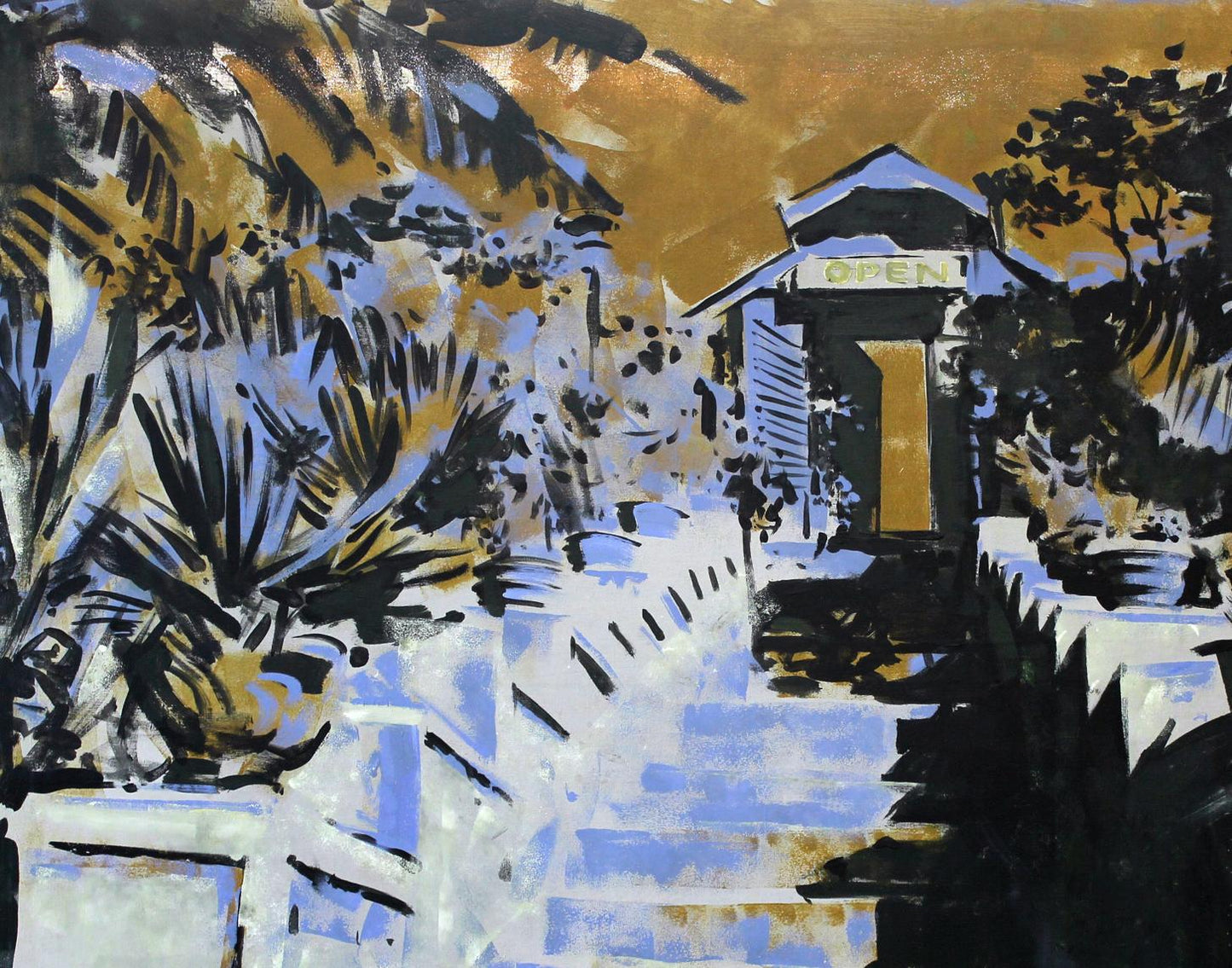 Oil painting Open Ed Potapenkov stylized building with open sign
