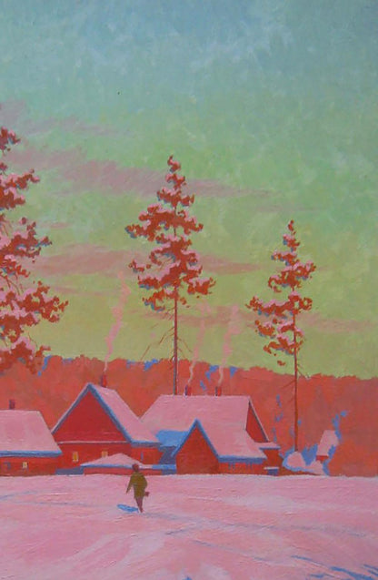 Oil painting Frosty evening in the village by Valery Savenets vibrant winter scene