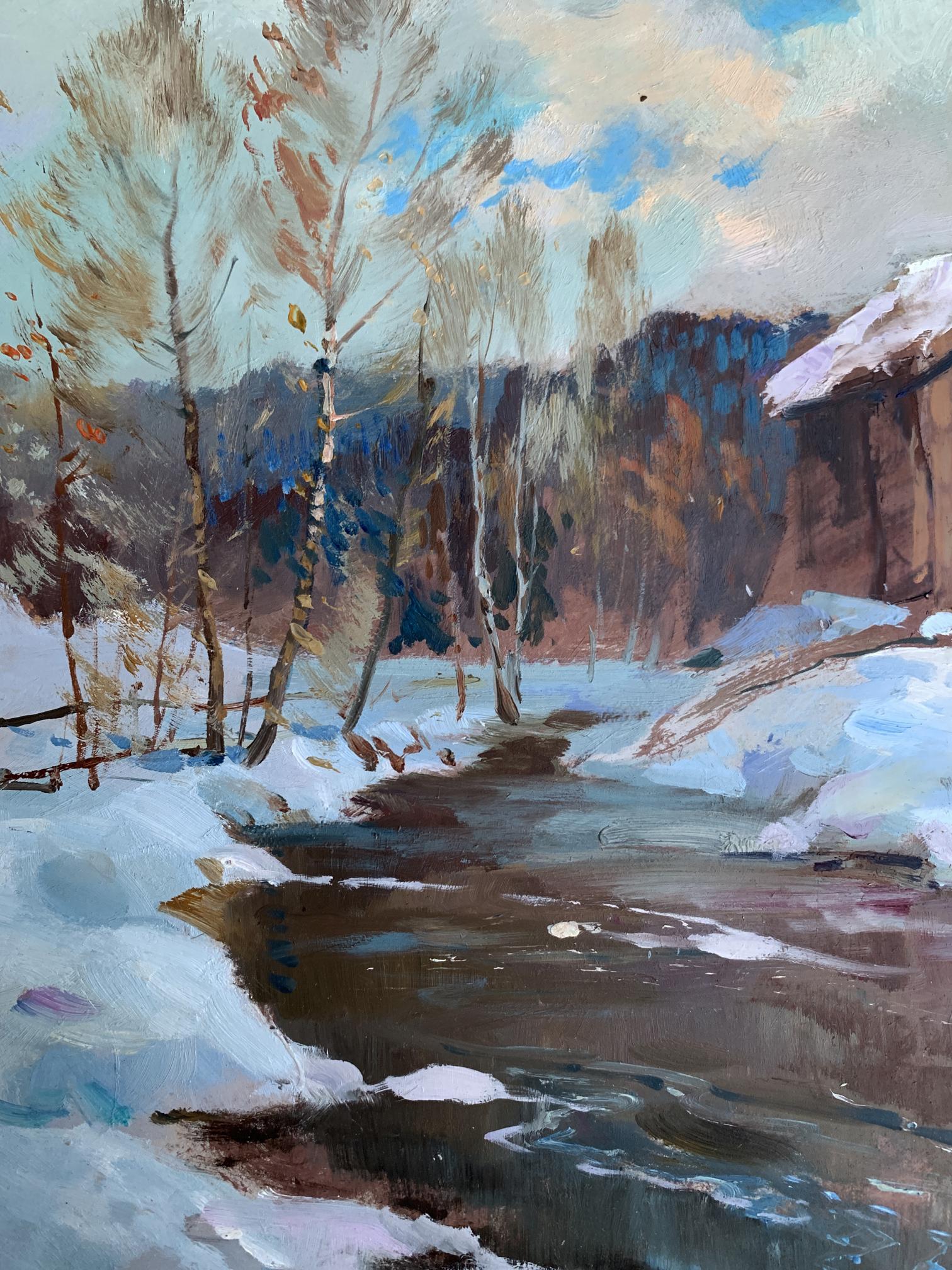 Impressionistic oil painting of snow-covered birch trees by Yuriy Suprunchuk