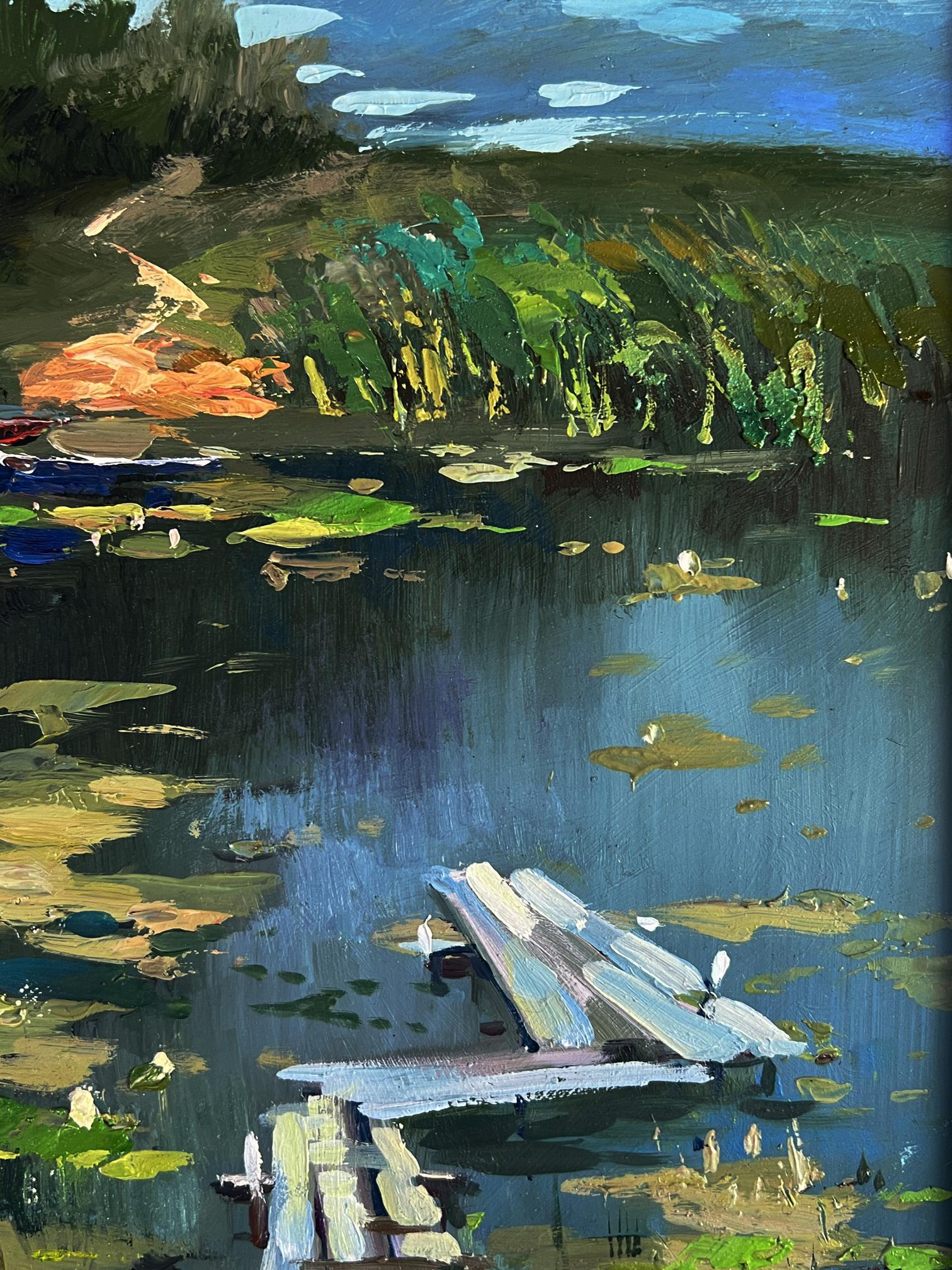 Oil painting by Yuriy Suprunchuk of weathered dock in pond with lily pads