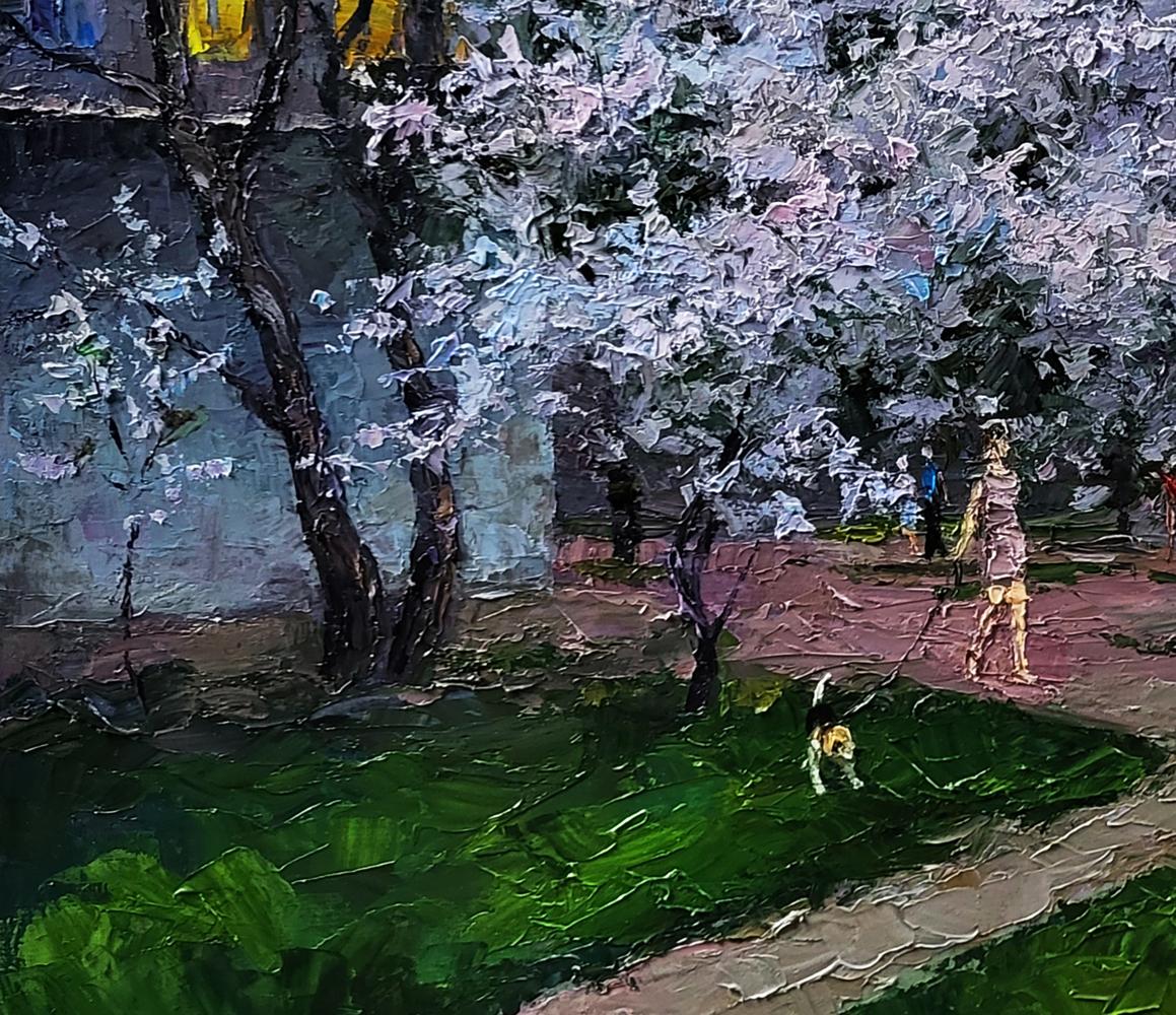 Textured impressionist oil painting Evening courtyard in the city by Boris Serdyuk