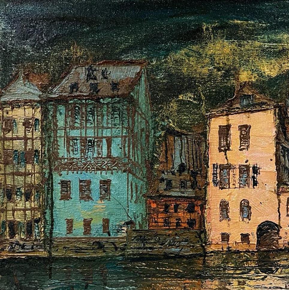 Oil painting Reincarnation by Serhiy Kovalev: colorful half-timbered buildings by river under dark sky