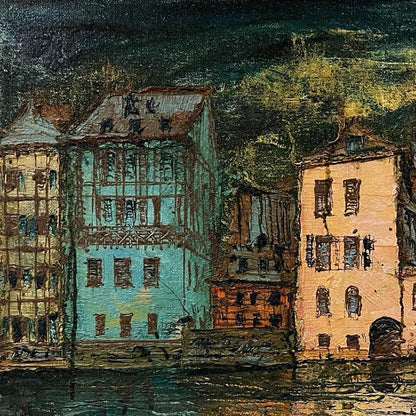 Oil painting Reincarnation by Serhiy Kovalev: colorful half-timbered buildings by river under dark sky