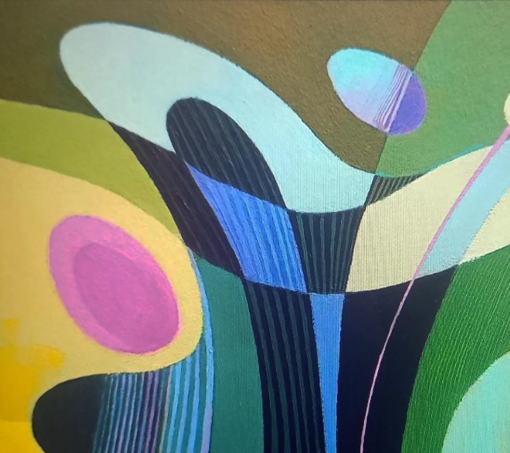 Oil painting Vase by Alexander Strashevich with teal pink yellow green black shapes