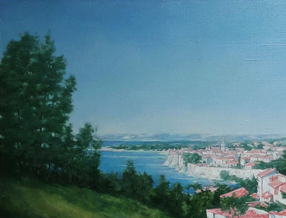 Oil painting of serene City Island by Vasily Korkishko, turquoise bay view