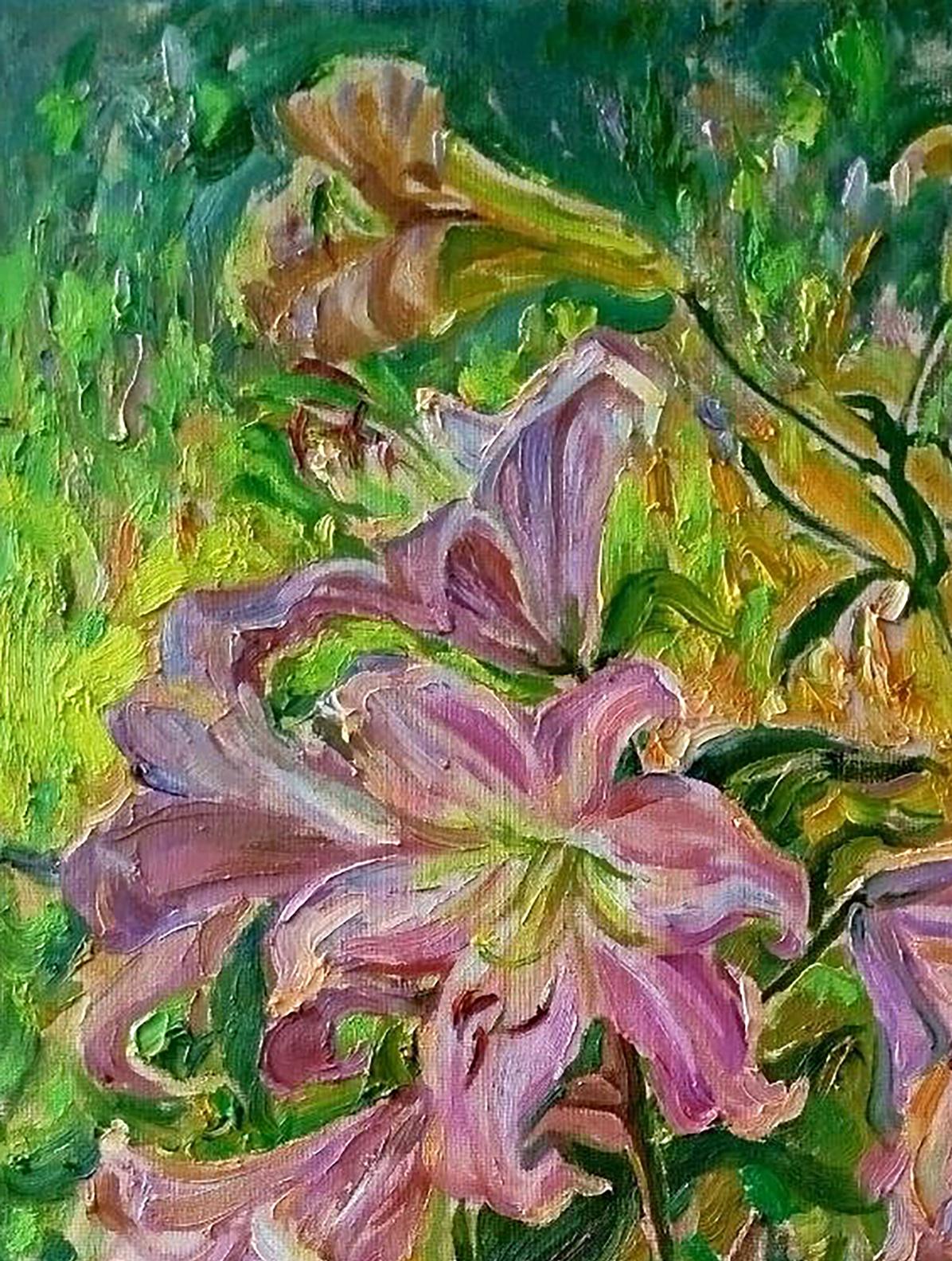 Oil painting Pink lilies Leonid Pavlenko vibrant pink impasto style