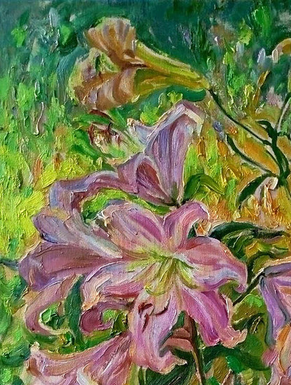 Oil painting Pink lilies Leonid Pavlenko vibrant pink impasto style