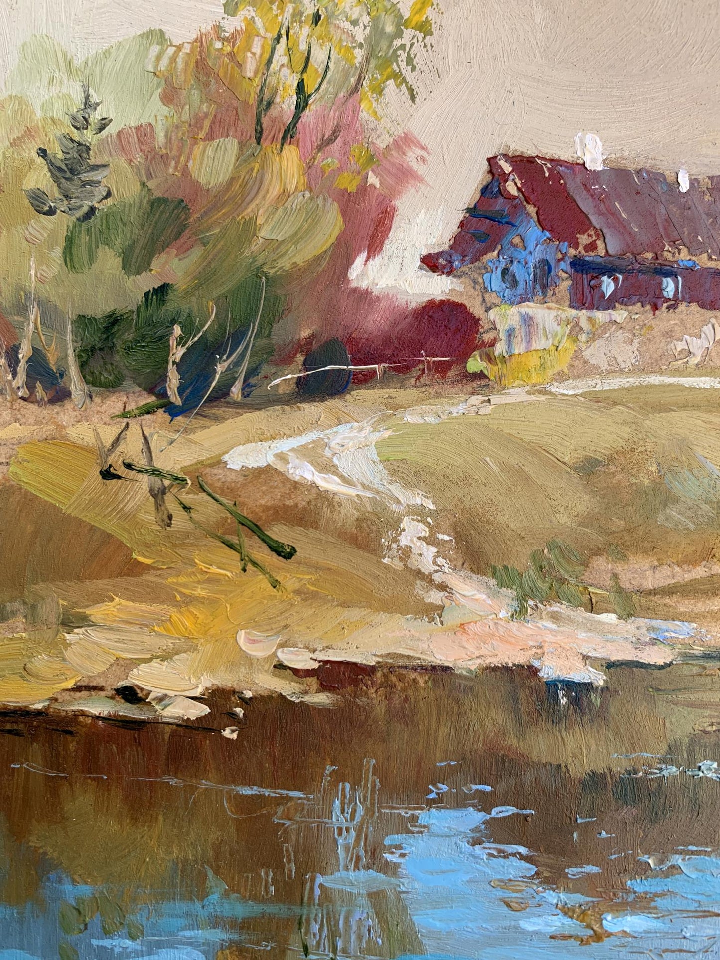 Rustic blue red barn in autumn trees impressionistic oil painting by Yuriy Suprunchuk