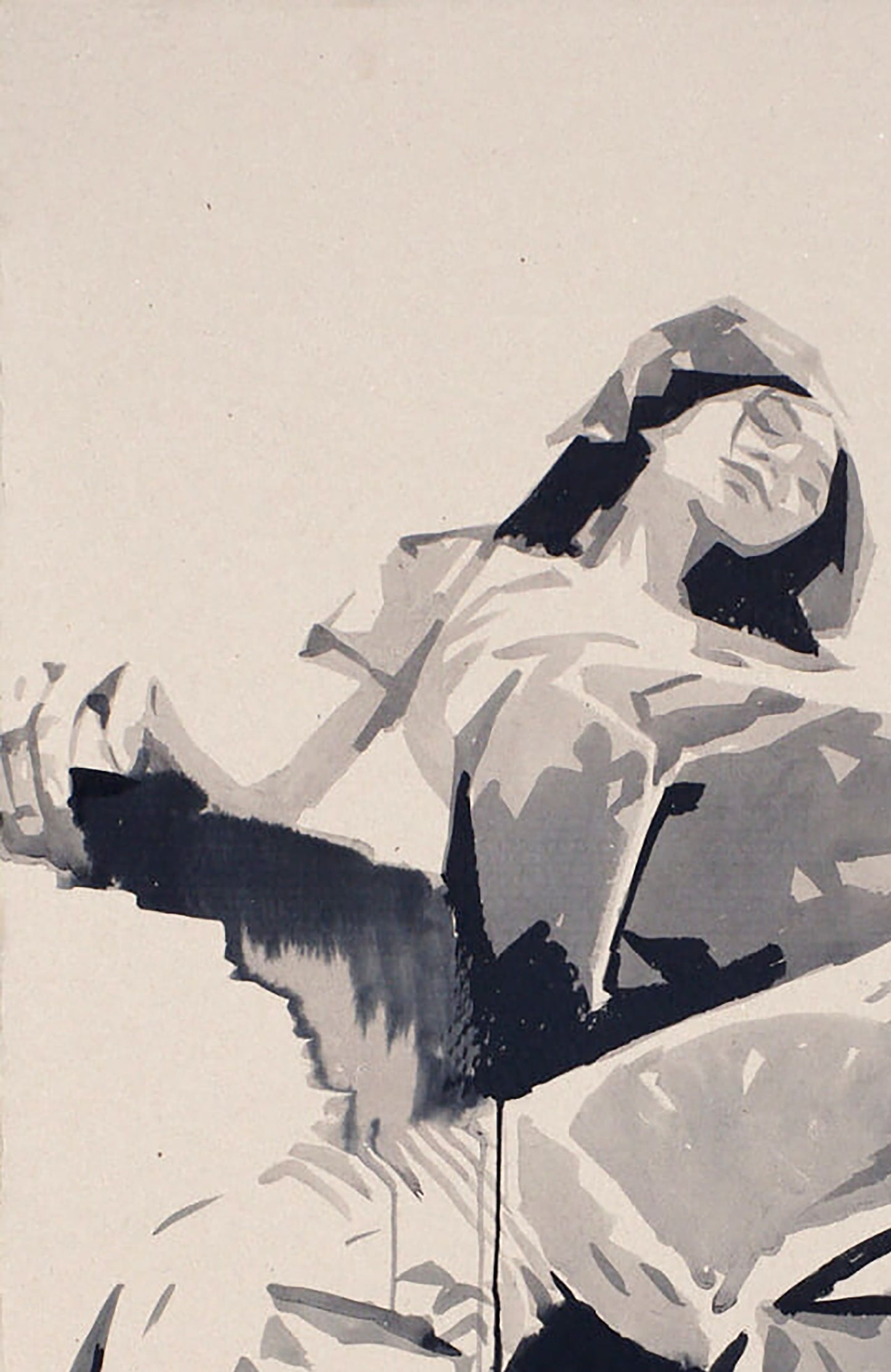 Stylized black and white ink painting of reclining figure by Dima Filatov, Roof