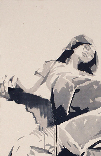 Stylized black and white ink painting of reclining figure by Dima Filatov, Roof