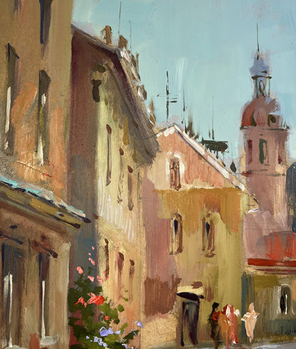 Oil painting Childhood alley by Yuriy Suprunchuk, warm European street scene