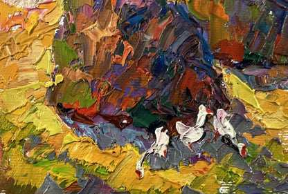 Oil painting Geese in the Shade by Oleksiy Ivanyuk with vibrant yellow flowers