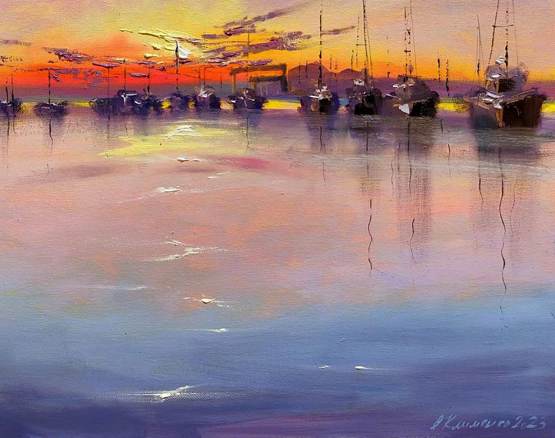 Oil painting Sunset at the Pier Olena Klimenko