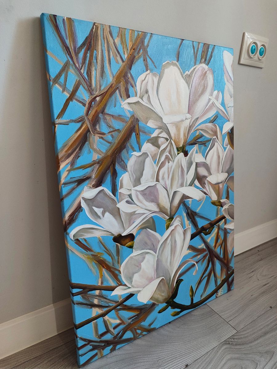 Oil painting White Magnolias Oksana Sklym with white blossoms on blue sky