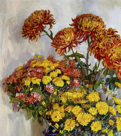 Oil painting of autumn bouquet by Leonid Pavlenko: orange yellow chrysanthemums