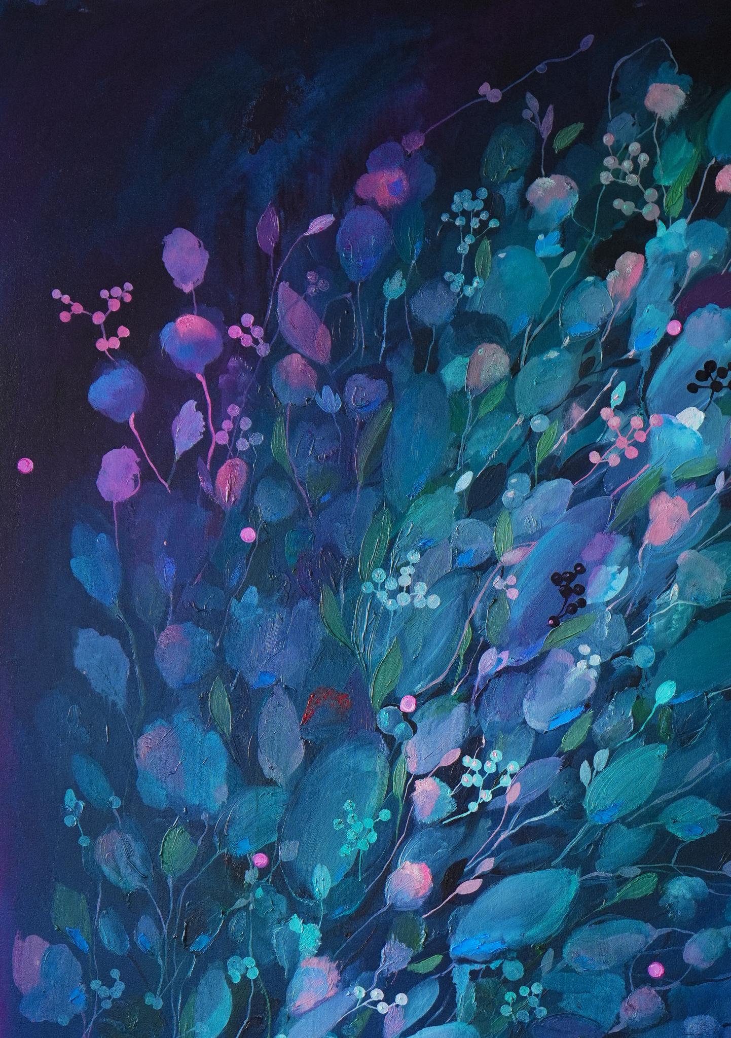 Oil painting Swan by Victoria Kagalovska: teal foliage and pink blossoms