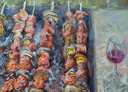 Oil painting of grilled meat skewers with colorful veggies by Leonid Pavlenko