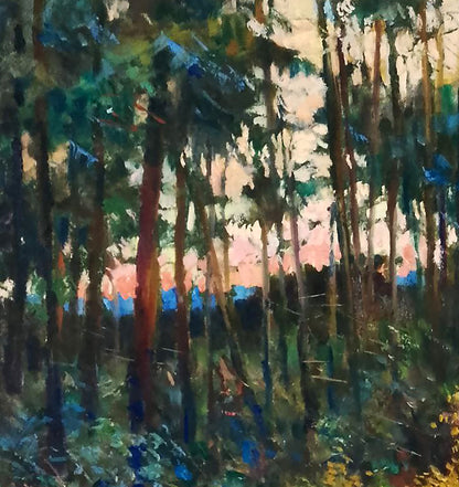 Vibrant impressionist oil painting of forest at orange sunset by Vitaly Duhnevich
