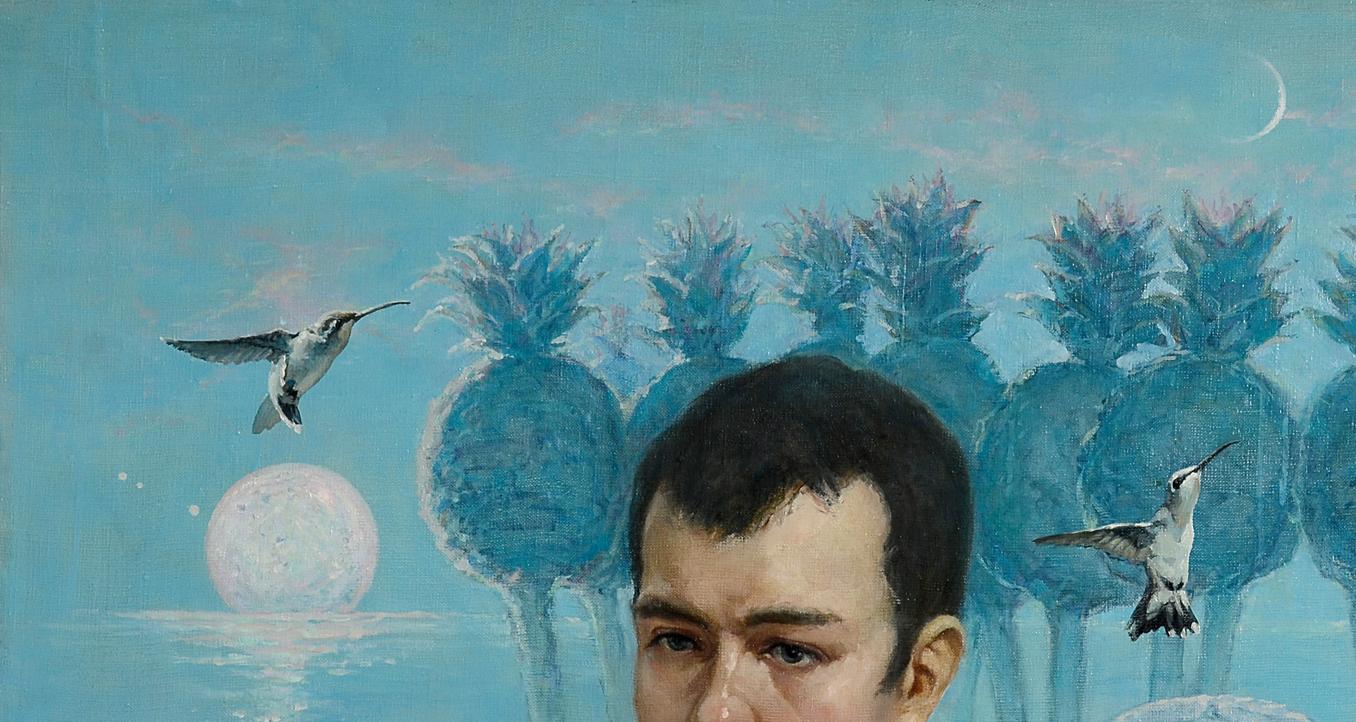 Oil painting Empathy of touch by Oleg Kateryniuk surreal man face blue landscape