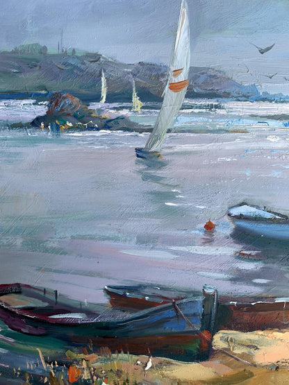 Oil painting of white sailboat with orange stripe by Yuriy Suprunchuk
