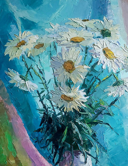 Oil painting Chamomile by Boris Serdyuk: white daisies on blue