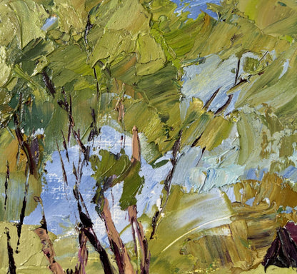 Textured impressionist oil painting of willows over water by Boris Serdyuk