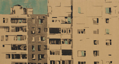 Watercolor painting by Mom Dima Filatov: beige brown apartment buildings, teal windows, blue sky
