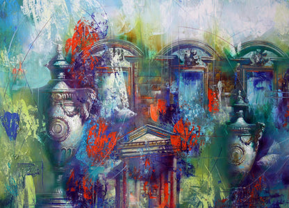Oil painting Forgotten still life by Alexander Dobrodiy, vibrant abstract with urns