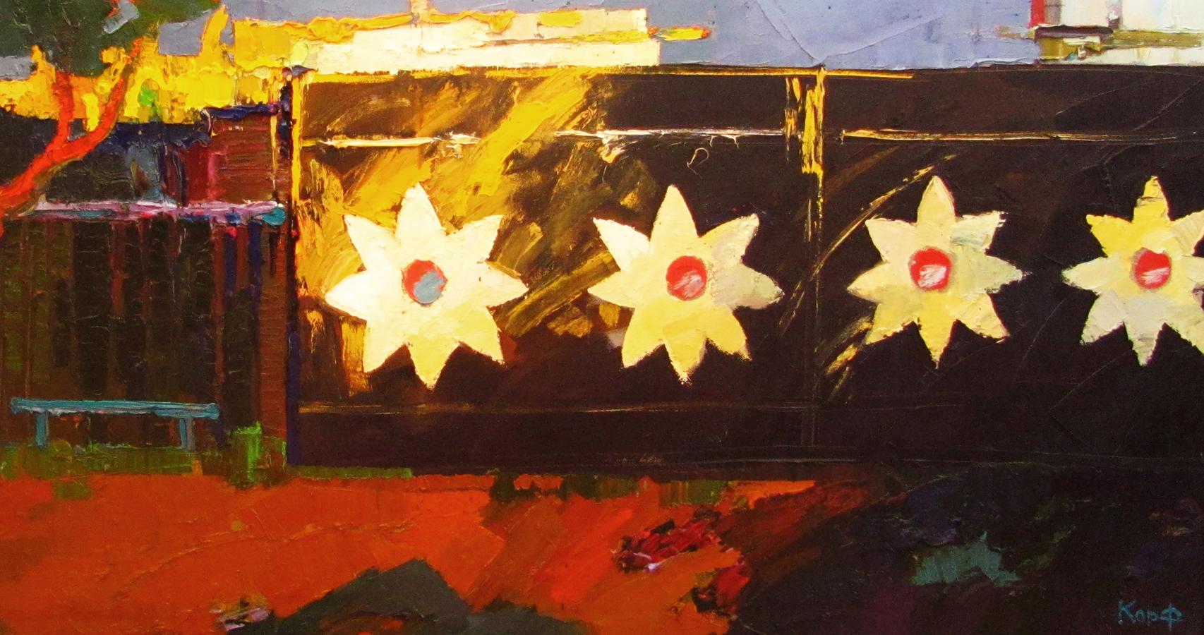 Oil painting Gate in the Village by Natalia Korf-Ivaniuk with yellow flowers